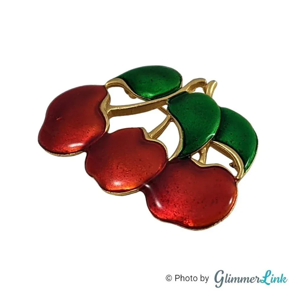 Vintage Three Cherries Enamel Gold Tone Brooch